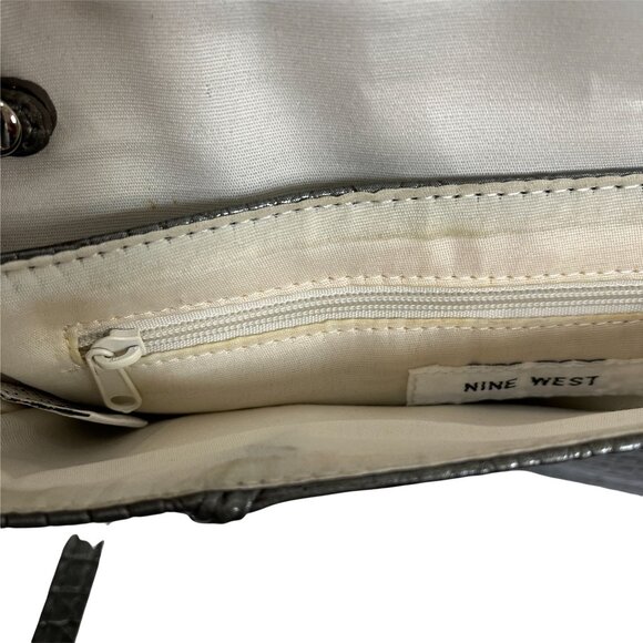 Nine West Gray Croc Embossed Shoulder Bag Chain Strap Faux Leather Purse - Picture 7 of 10